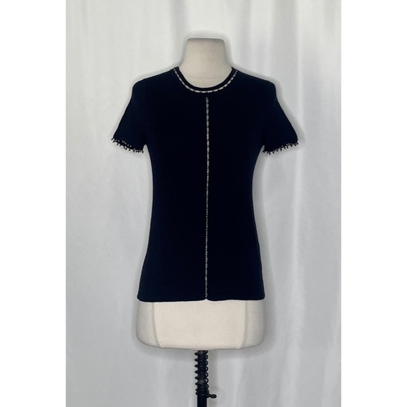 ELIE TAHARI Black Merino Wool Beaded Studded Short Sleeve Sweater Knitwear Small - Picture 3 of 11